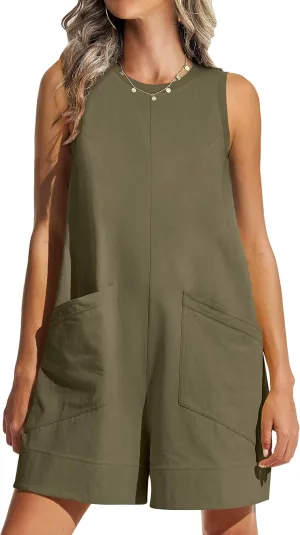 ANRABESS Womens Romper Casual Loose Sleeveless 2025 Summer One Piece Outfit Crewneck Short Jumpsuit Overall Outfits & Pockets