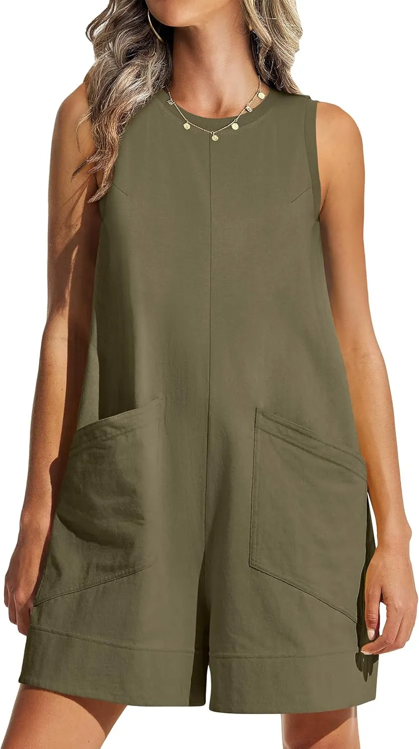 ANRABESS Womens Romper Casual Loose Sleeveless 2025 Summer One Piece Outfit Crewneck Short Jumpsuit Overall Outfits & Pockets