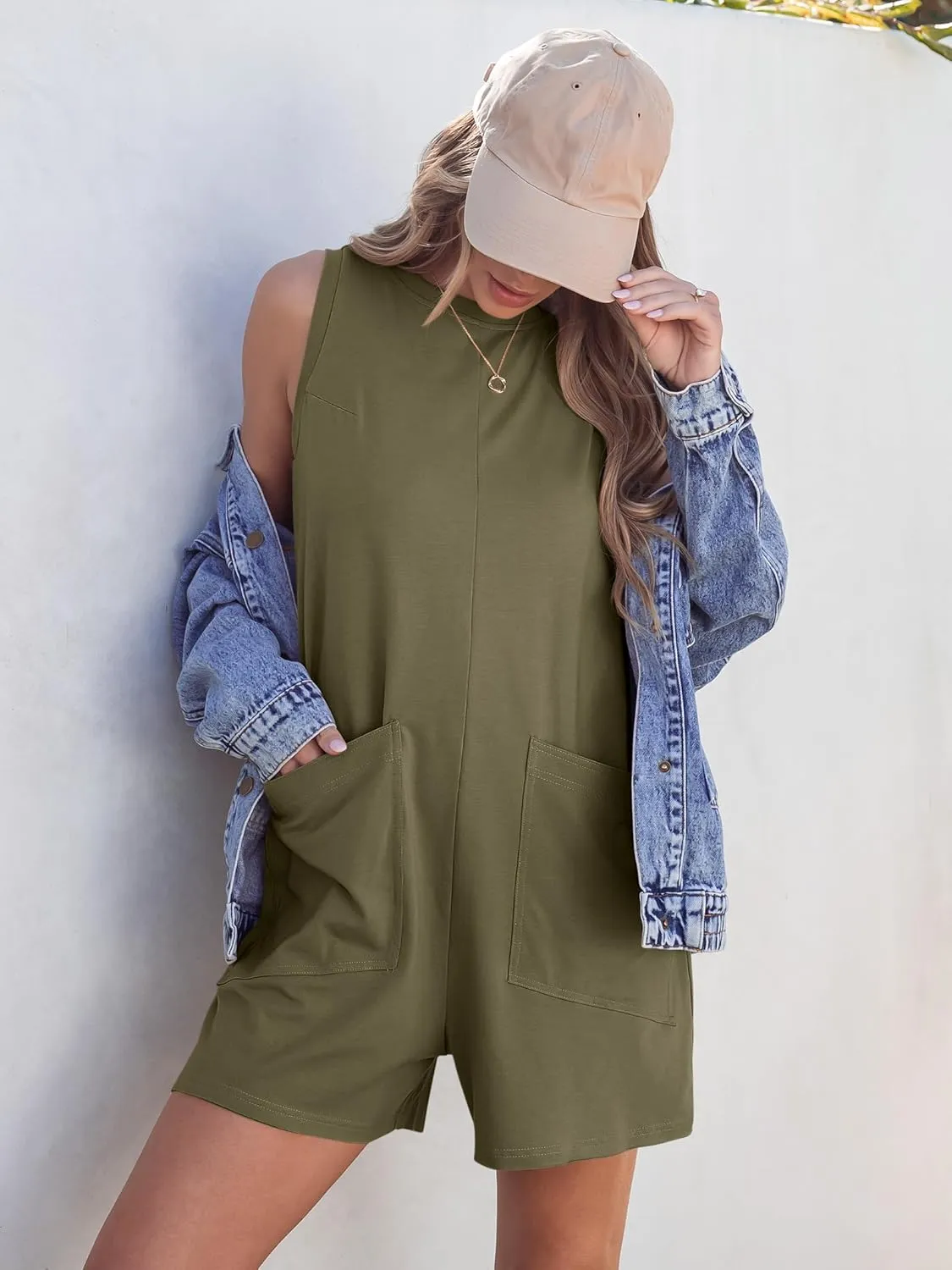 ANRABESS Womens Romper Casual Loose Sleeveless 2025 Summer One Piece Outfit Crewneck Short Jumpsuit Overall Outfits & Pockets