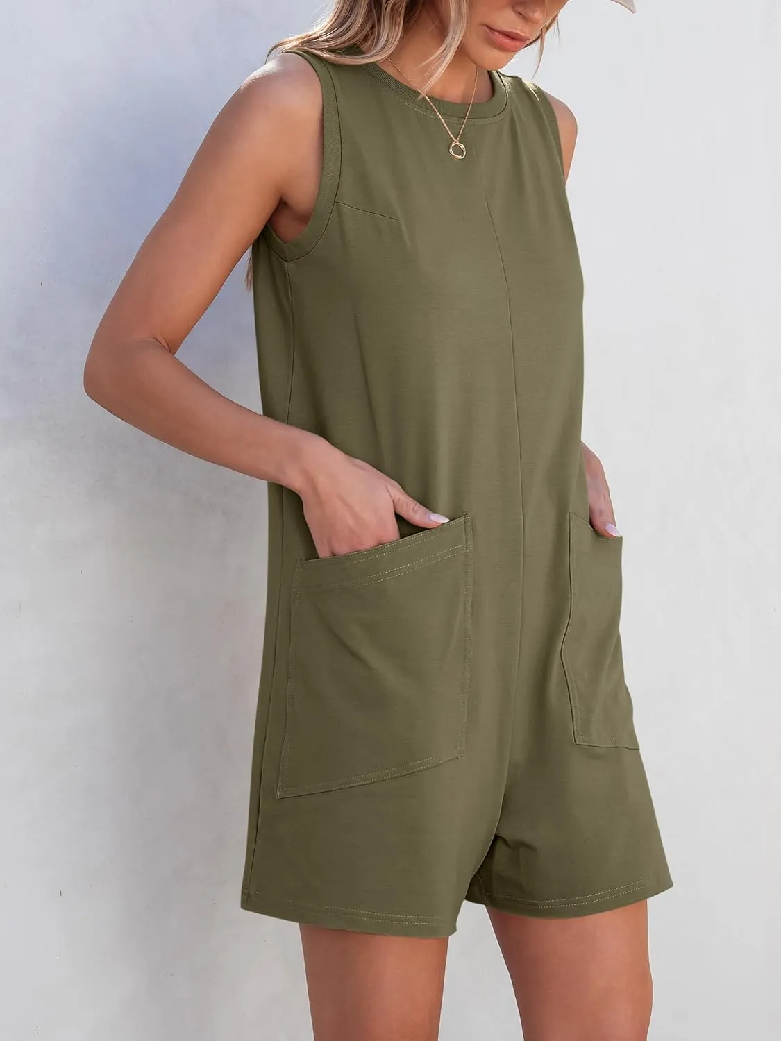 ANRABESS Womens Romper Casual Loose Sleeveless 2025 Summer One Piece Outfit Crewneck Short Jumpsuit Overall Outfits & Pockets