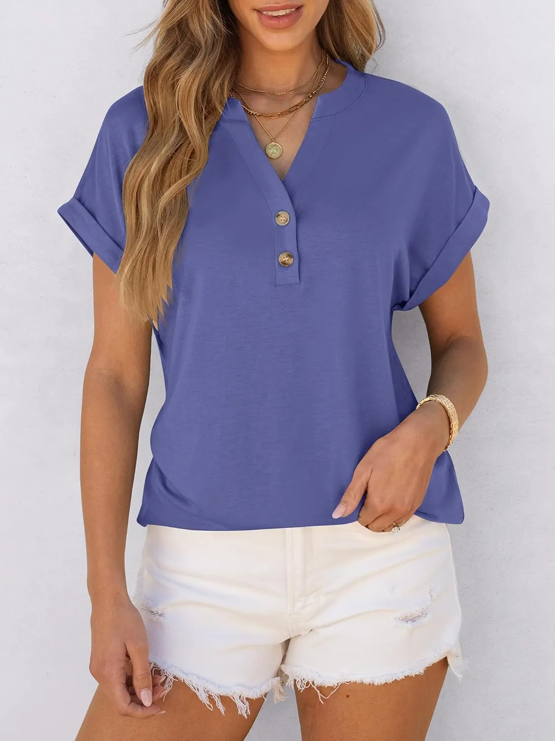 ANRABESS Womens Short Sleeve Henley Tops V Neck Dressy Casual Loose Fit Shirts Summer Flowy Blouses 2025 Trendy Clothes