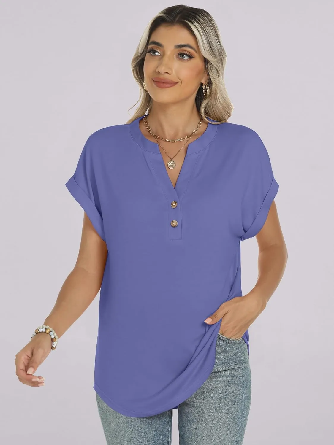 ANRABESS Womens Short Sleeve Henley Tops V Neck Dressy Casual Loose Fit Shirts Summer Flowy Blouses 2025 Trendy Clothes