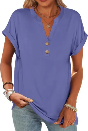 ANRABESS Womens Short Sleeve Henley Tops V Neck Dressy Casual Loose Fit Shirts Summer Flowy Blouses 2025 Trendy Clothes