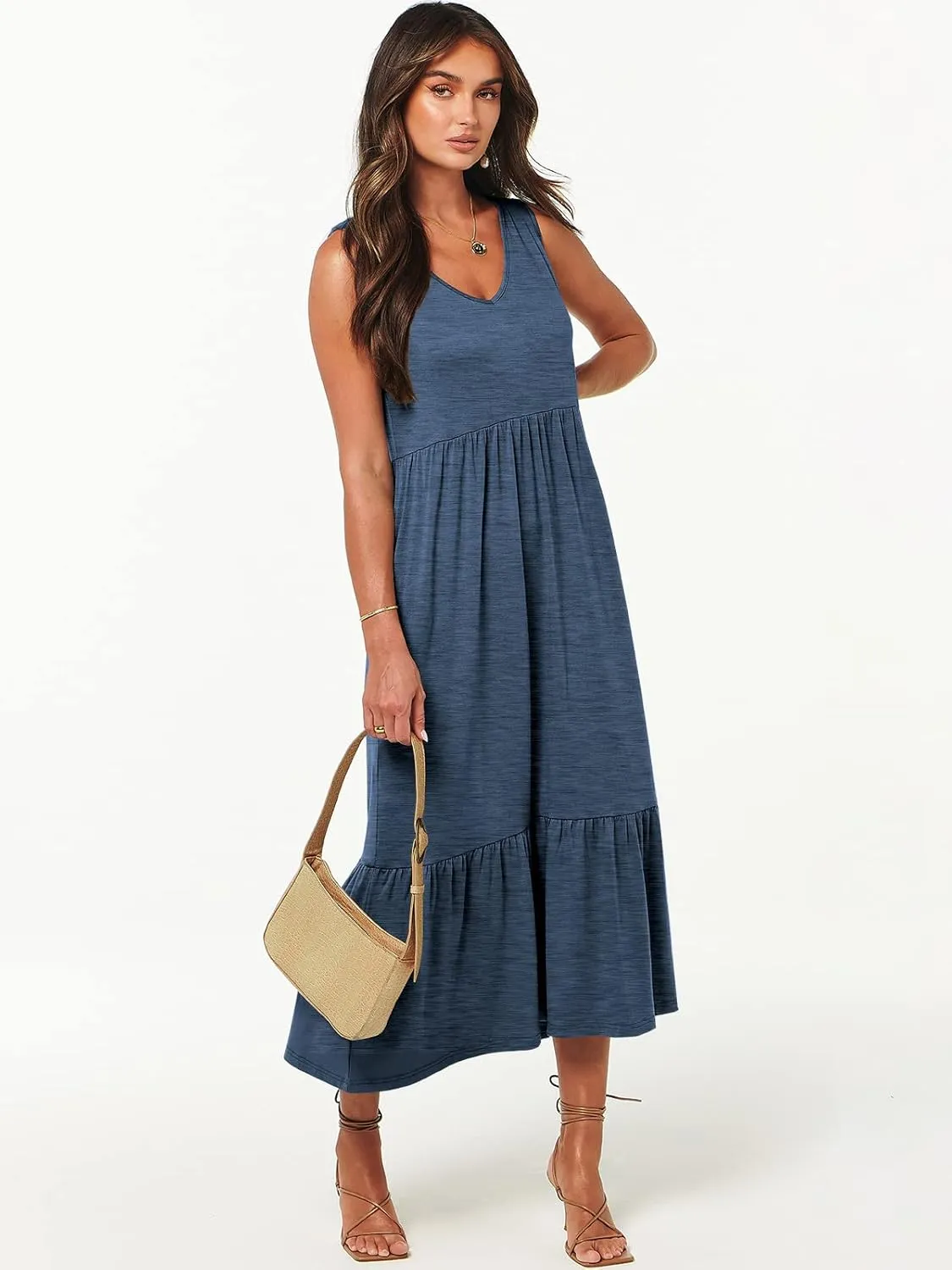 ANRABESS Womens Summer Maxi Dresses Fit & Flare Flowy V Neck Sleeveless Swing Casual Tiered Beach Sundress with Pockets