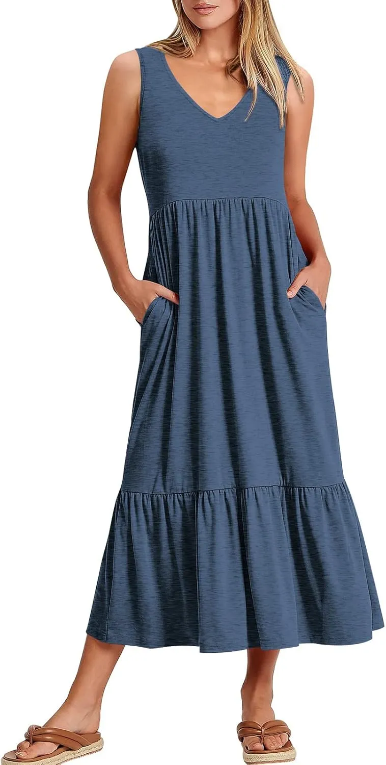 ANRABESS Womens Summer Maxi Dresses Fit & Flare Flowy V Neck Sleeveless Swing Casual Tiered Beach Sundress with Pockets