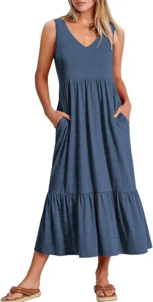 ANRABESS Womens Summer Maxi Dresses Fit & Flare Flowy V Neck Sleeveless Swing Casual Tiered Beach Sundress with Pockets