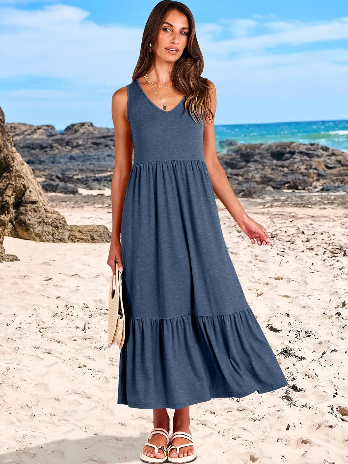 ANRABESS Womens Summer Maxi Dresses Fit & Flare Flowy V Neck Sleeveless Swing Casual Tiered Beach Sundress with Pockets