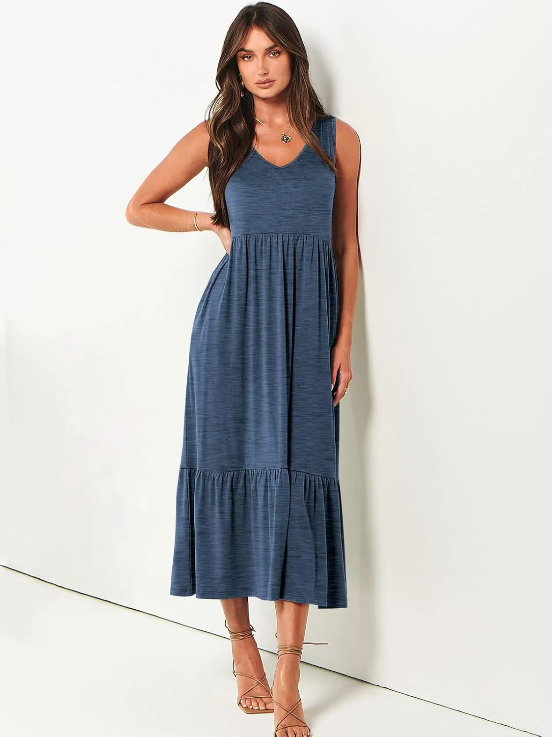 ANRABESS Womens Summer Maxi Dresses Fit & Flare Flowy V Neck Sleeveless Swing Casual Tiered Beach Sundress with Pockets