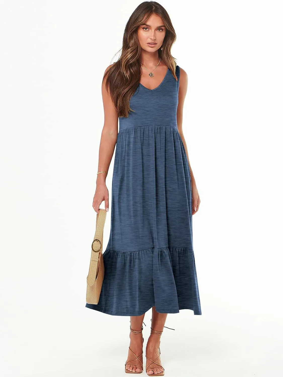 ANRABESS Womens Summer Maxi Dresses Fit & Flare Flowy V Neck Sleeveless Swing Casual Tiered Beach Sundress with Pockets