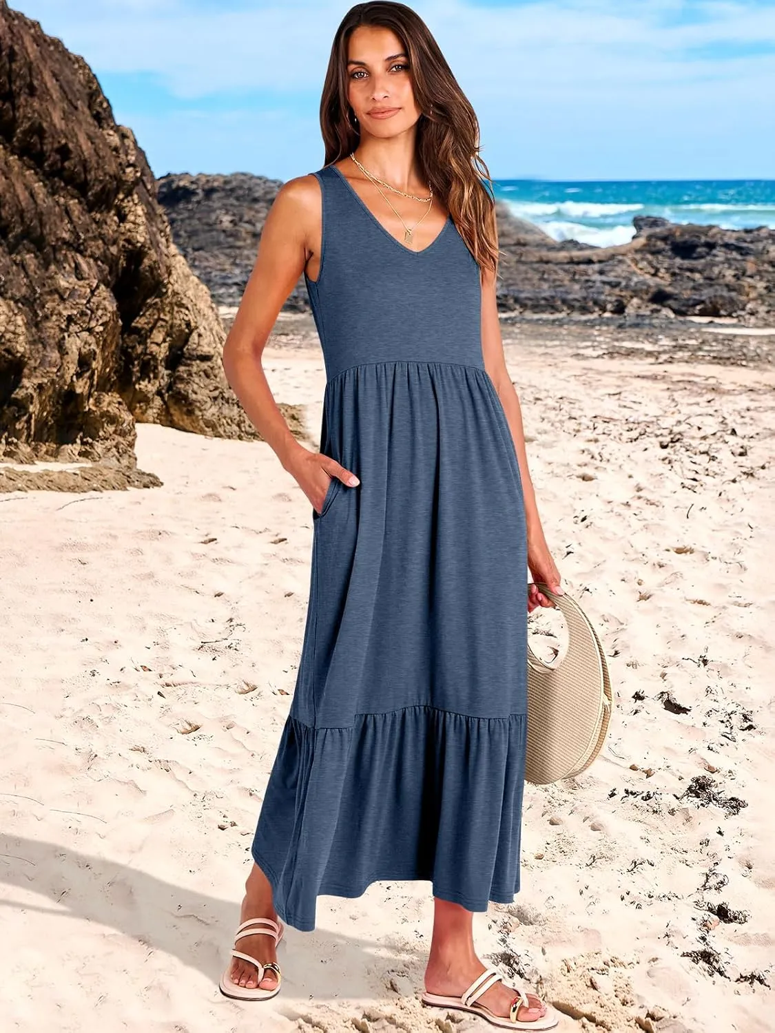 ANRABESS Womens Summer Maxi Dresses Fit & Flare Flowy V Neck Sleeveless Swing Casual Tiered Beach Sundress with Pockets