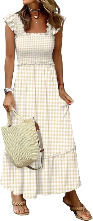 ANRABESS Womens Summer Sleeveless Maxi Dress Square Neck Smocked Boho Casual Ruffle Strap Flowy A-Line Long Beach Sundress