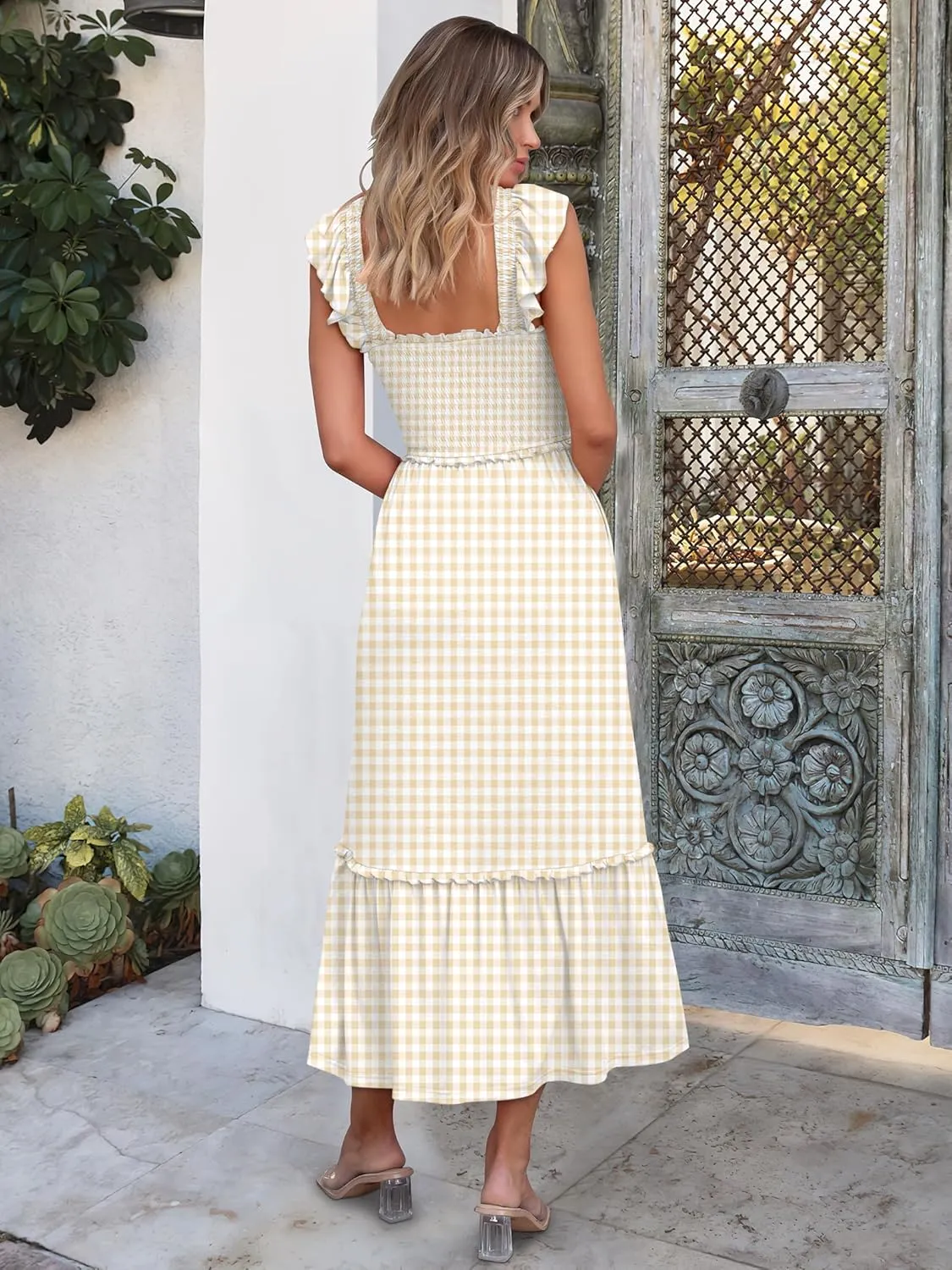 ANRABESS Womens Summer Sleeveless Maxi Dress Square Neck Smocked Boho Casual Ruffle Strap Flowy A-Line Long Beach Sundress