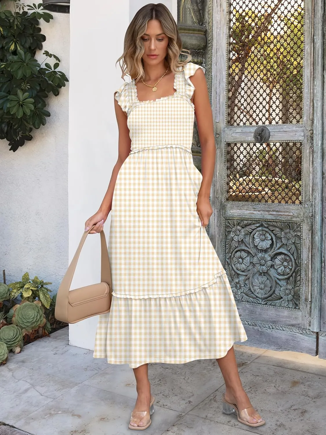 ANRABESS Womens Summer Sleeveless Maxi Dress Square Neck Smocked Boho Casual Ruffle Strap Flowy A-Line Long Beach Sundress
