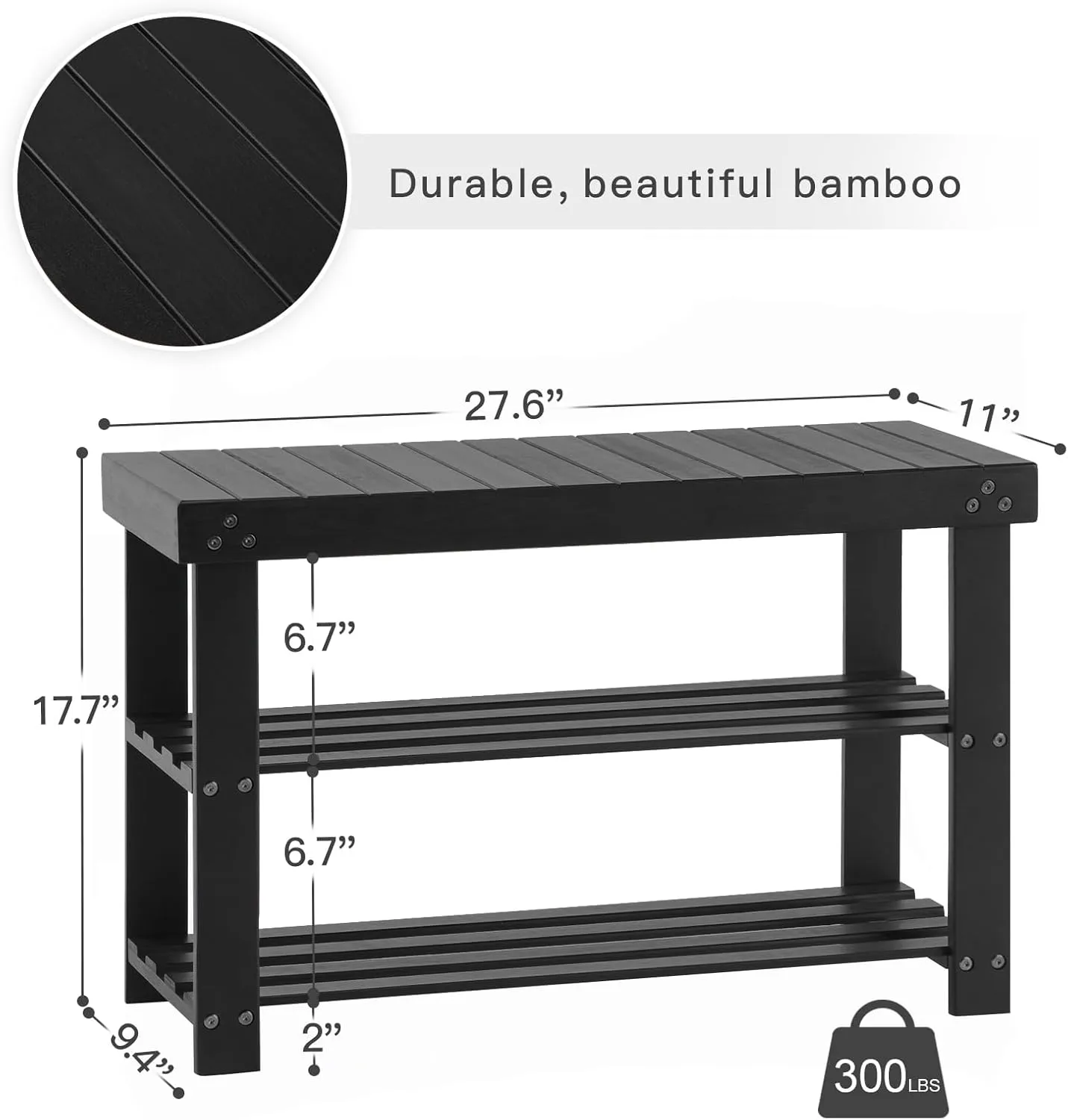 Apicizon Bamboo Shoe Rack for Entryway, 3-Tier Shoe Rack Bench for Front Door Entrance, Small Shoe Organizer with Storage, Black