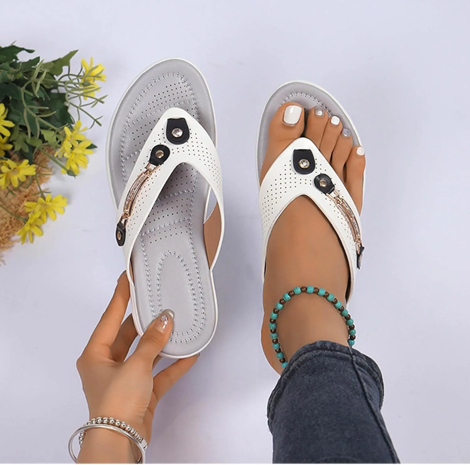 Arch Support Orthopedic Sandals for Women Summer Low Wedge Flip Flops Dressy Casual Slip on Thong Sandal Bohemian Slippers