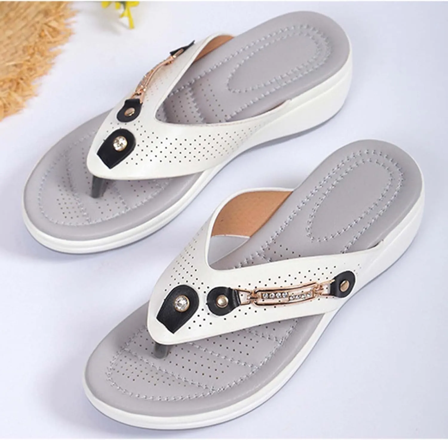 Arch Support Orthopedic Sandals for Women Summer Low Wedge Flip Flops Dressy Casual Slip on Thong Sandal Bohemian Slippers