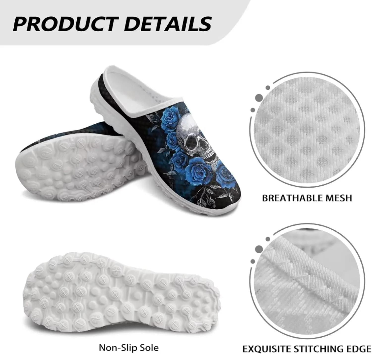 Art Skull Design Women Mesh Mules Memory Foam Flat Anti-Slip Fashion Sneakers Comfortable Slip-On Mule Garden Shoes