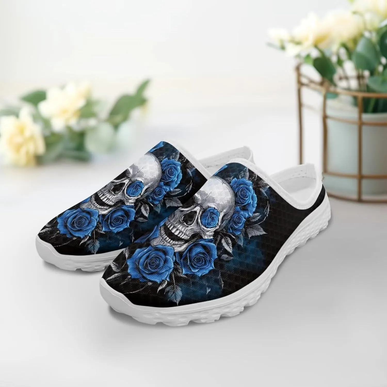 Art Skull Design Women Mesh Mules Memory Foam Flat Anti-Slip Fashion Sneakers Comfortable Slip-On Mule Garden Shoes