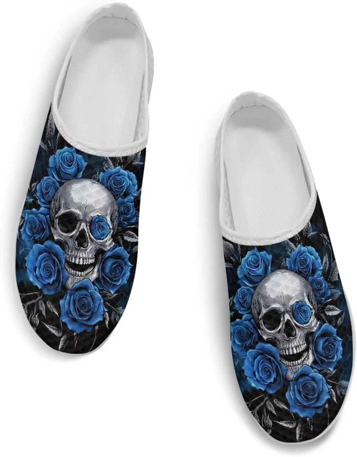Art Skull Design Women Mesh Mules Memory Foam Flat Anti-Slip Fashion Sneakers Comfortable Slip-On Mule Garden Shoes