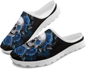 Art Skull Design Women Mesh Mules Memory Foam Flat Anti-Slip Fashion Sneakers Comfortable Slip-On Mule Garden Shoes