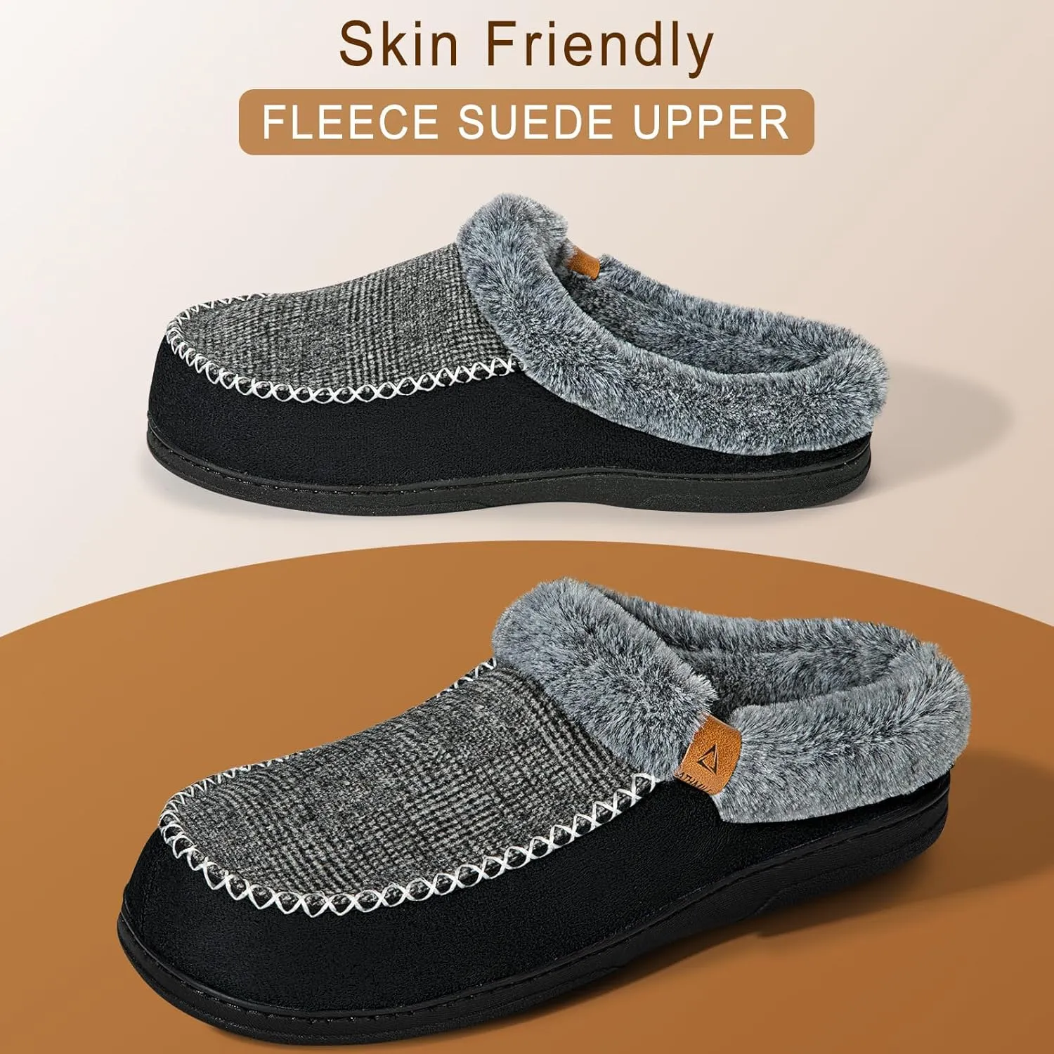 ATHMILE Men's Slippers Slip On Moccasin, Indoor Outdoor Warm Fuzzy Comfy House Shoes, Fluffy Wide Loafer Home Bedroom Slippers