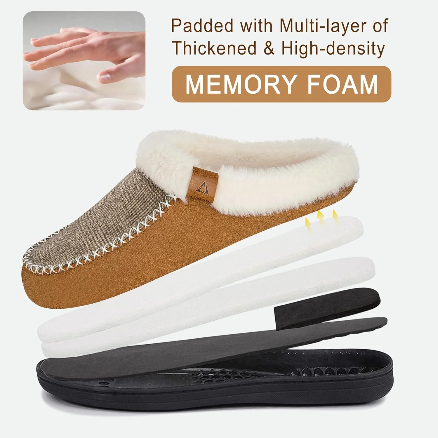 ATHMILE Men's Slippers Slip On Moccasin, Indoor Outdoor Warm Fuzzy Comfy House Shoes, Fluffy Wide Loafer Home Bedroom Slippers