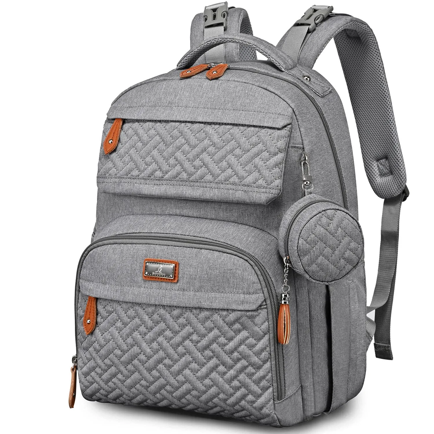 BabbleRoo Diaper Bag Backpack, Travel Backpack with Changing Pad, Pacifier Case & Stroller Straps, Multifunction, Waterproof, Unisex – Light Gray