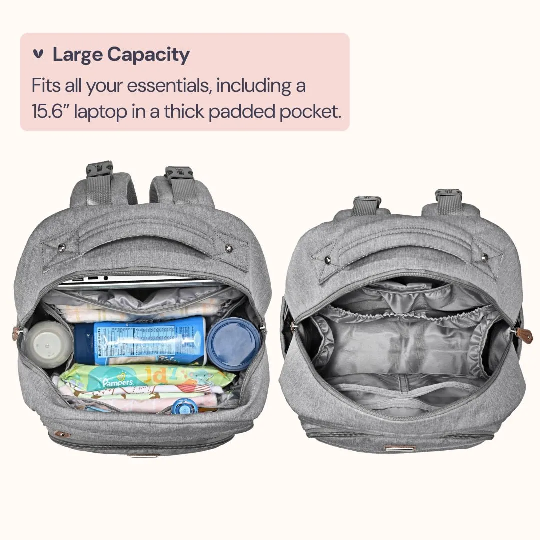 BabbleRoo Diaper Bag Backpack, Travel Backpack with Changing Pad, Pacifier Case & Stroller Straps, Multifunction, Waterproof, Unisex – Light Gray