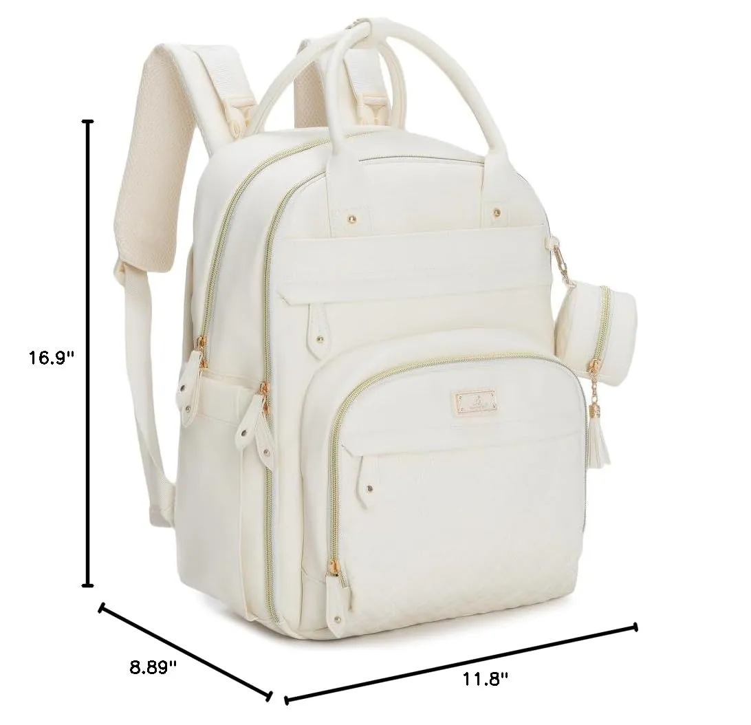 BabbleRoo Leather Diaper Bag Backpack - Baby Essentials Travel Baby Bag, Multi function, Waterproof, with Changing Pad, Stroller Straps & Pacifier Case – Unisex, Eggshell White