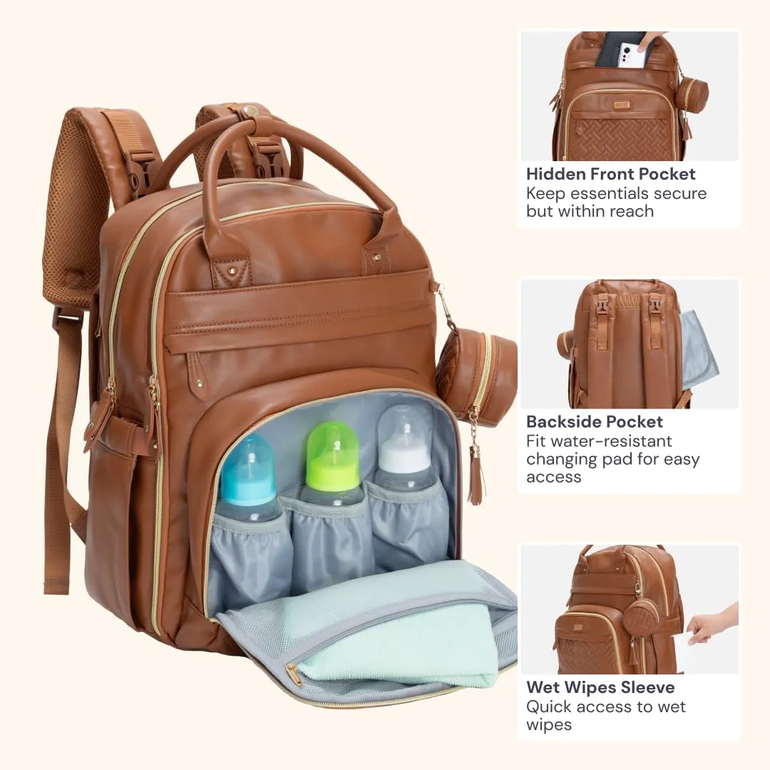 BabbleRoo Leather Diaper Bag Backpack - Baby Essentials Travel Baby Bag, Multi function, Waterproof, with Changing Pad, Stroller Straps & Pacifier Case – Unisex, Natural Brown