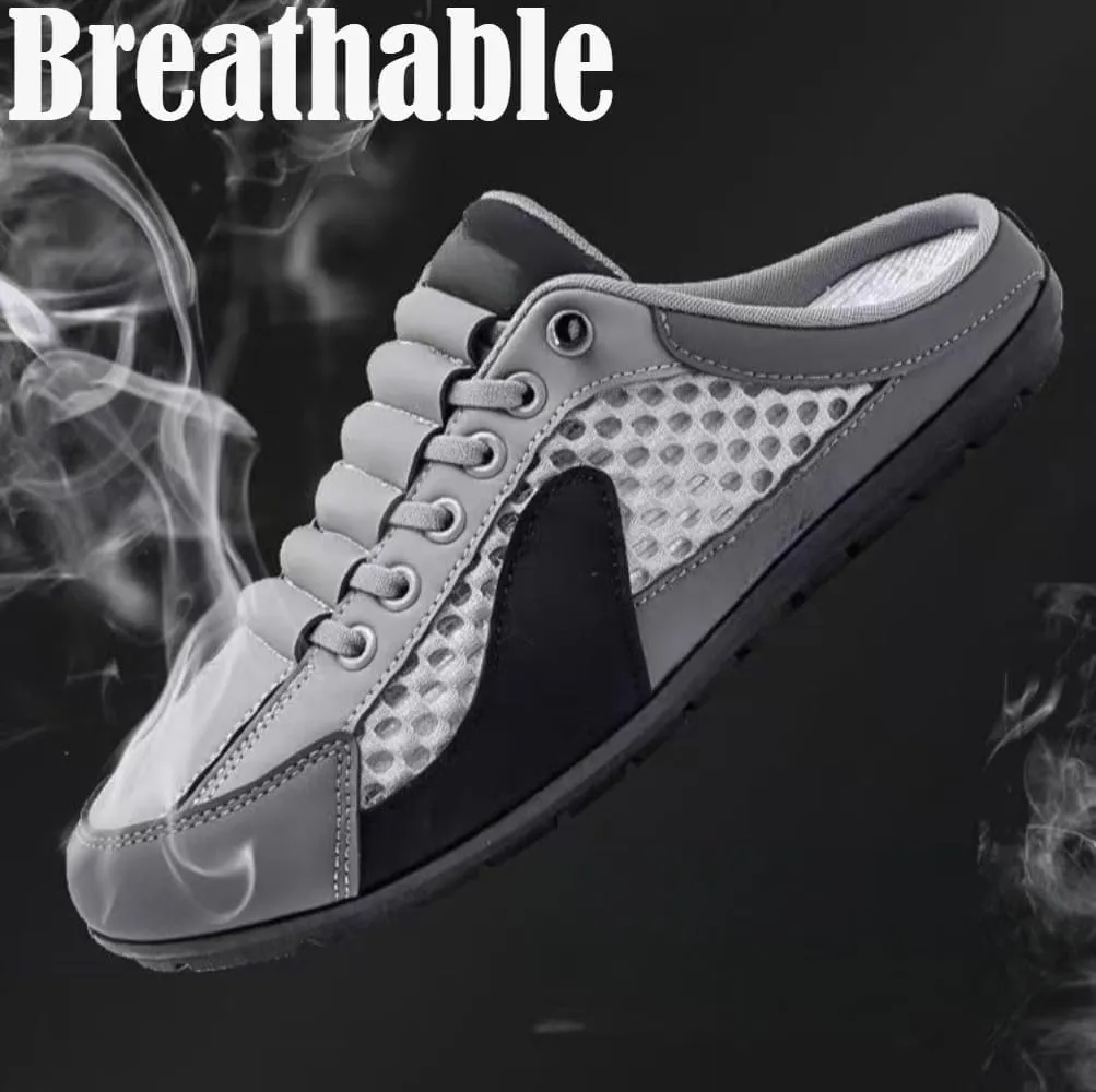 Backless Tennis Shoes for Men Wide Mule Sneakers Slip on House Slippers Platform Lace Up Mesh Breathable Lightweight Casual Walking Slides Office Business Casual Sport Shoes Running Travel Driving