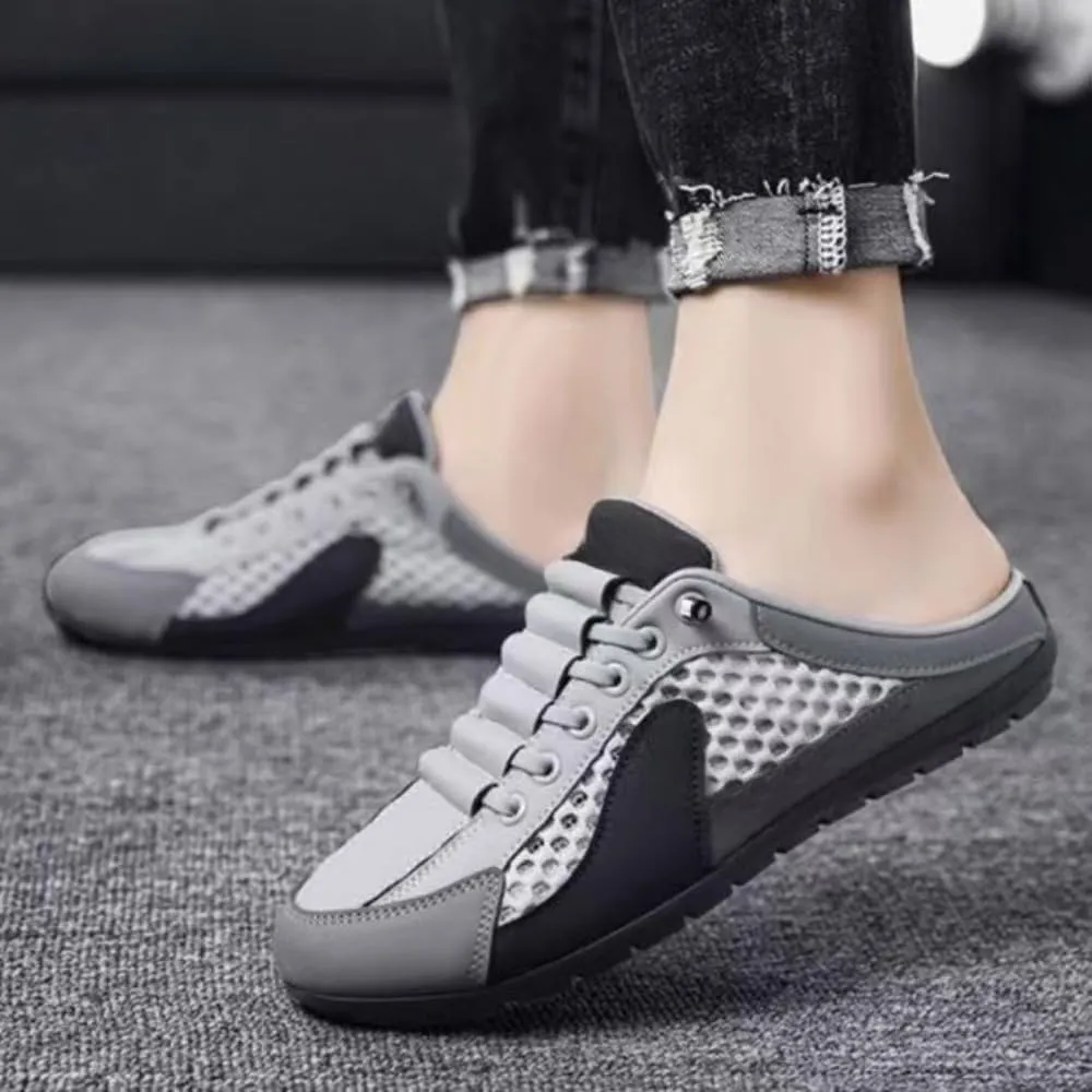 Backless Tennis Shoes for Men Wide Mule Sneakers Slip on House Slippers Platform Lace Up Mesh Breathable Lightweight Casual Walking Slides Office Business Casual Sport Shoes Running Travel Driving