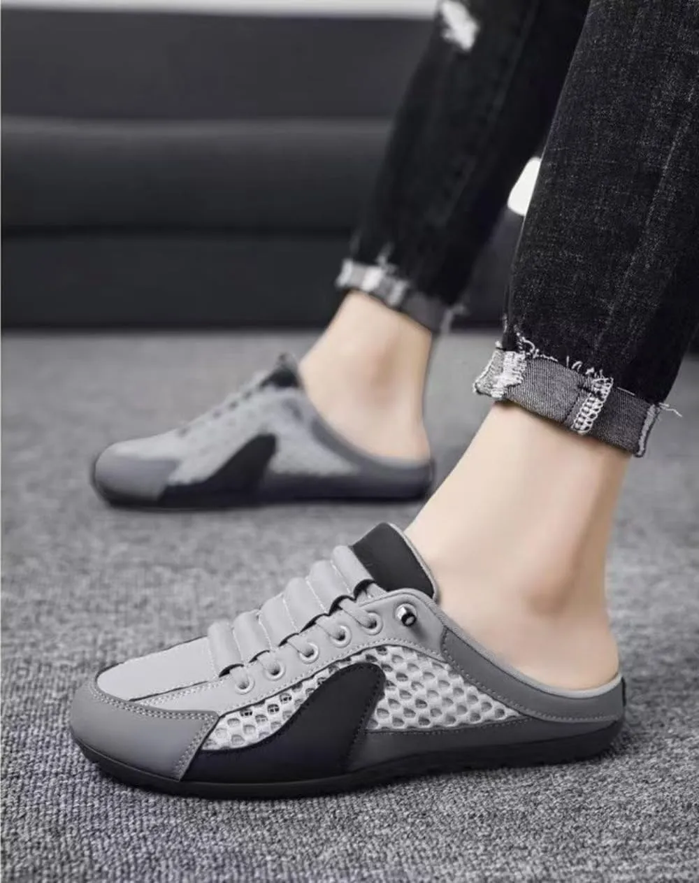 Backless Tennis Shoes for Men Wide Mule Sneakers Slip on House Slippers Platform Lace Up Mesh Breathable Lightweight Casual Walking Slides Office Business Casual Sport Shoes Running Travel Driving