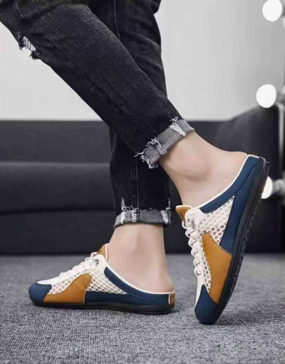 Backless Tennis Shoes for Men Wide Mule Sneakers Slip on House Slippers Platform Lace Up Mesh Breathable Lightweight Casual Walking Slides Office Business Casual Sport Shoes Running Travel Driving