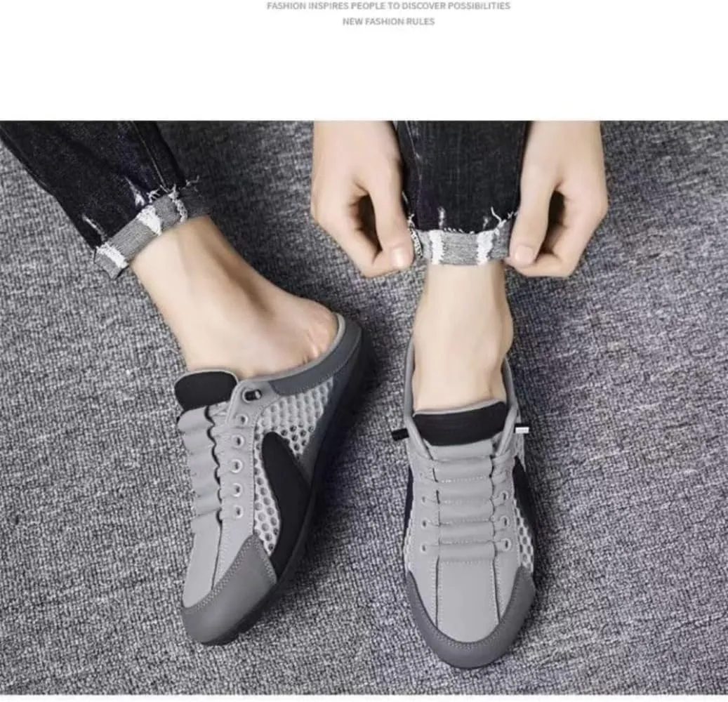 Backless Tennis Shoes for Men Wide Mule Sneakers Slip on House Slippers Platform Lace Up Mesh Breathable Lightweight Casual Walking Slides Office Business Casual Sport Shoes Running Travel Driving