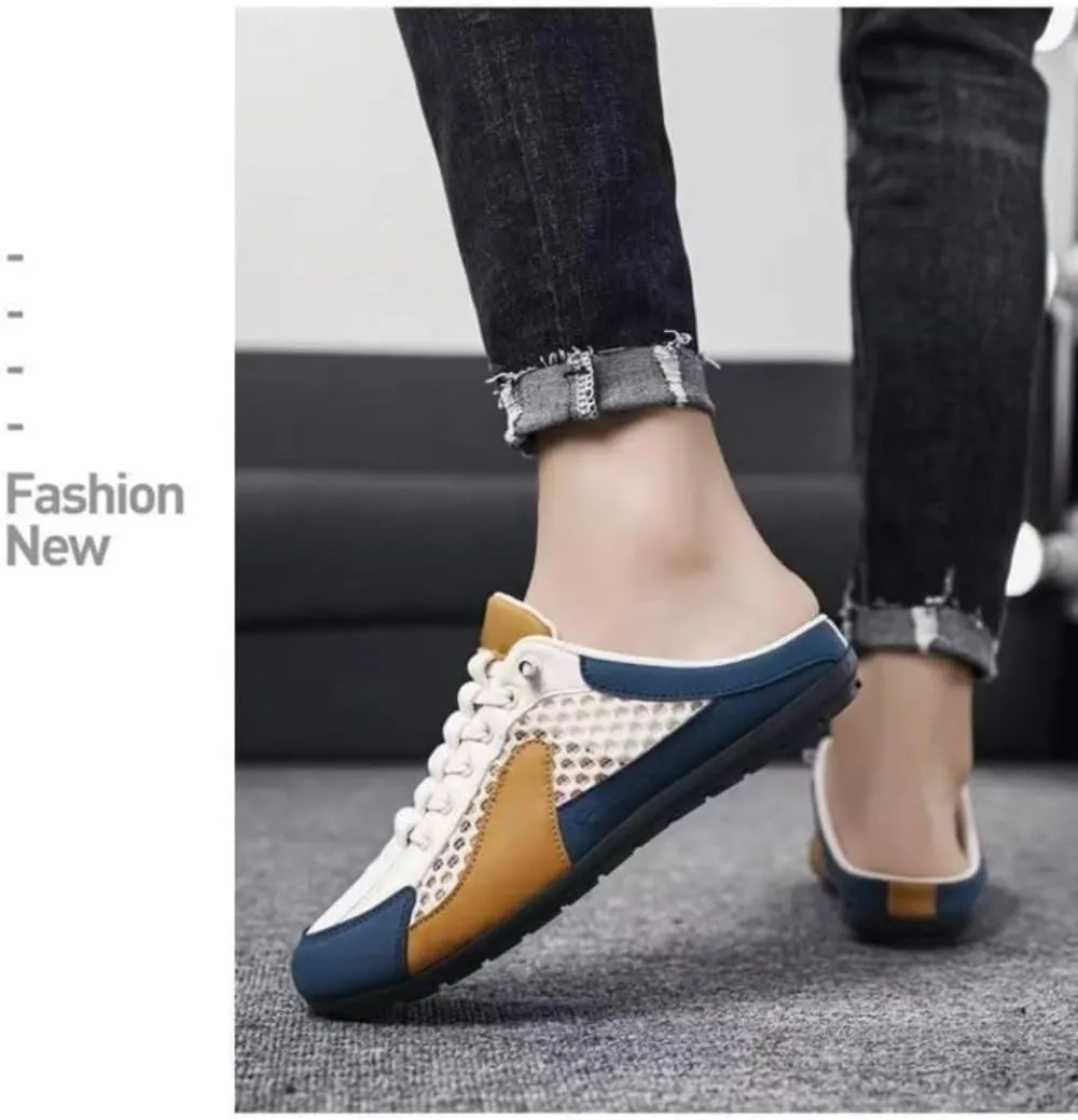 Backless Tennis Shoes for Men Wide Mule Sneakers Slip on House Slippers Platform Lace Up Mesh Breathable Lightweight Casual Walking Slides Office Business Casual Sport Shoes Running Travel Driving