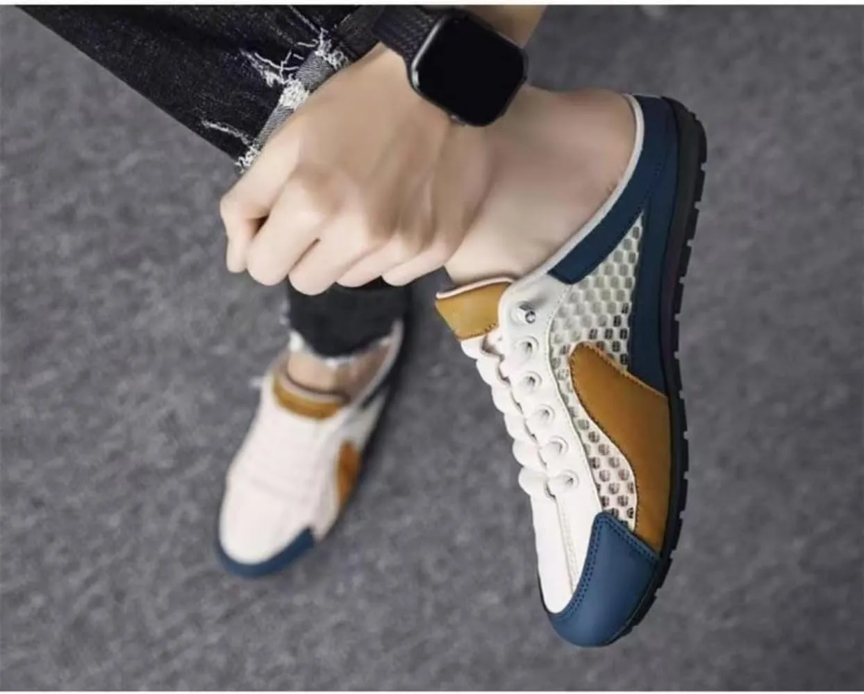 Backless Tennis Shoes for Men Wide Mule Sneakers Slip on House Slippers Platform Lace Up Mesh Breathable Lightweight Casual Walking Slides Office Business Casual Sport Shoes Running Travel Driving
