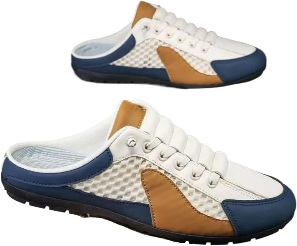 Backless Tennis Shoes for Men Wide Mule Sneakers Slip on House Slippers Platform Lace Up Mesh Breathable Lightweight Casual Walking Slides Office Business Casual Sport Shoes Running Travel Driving