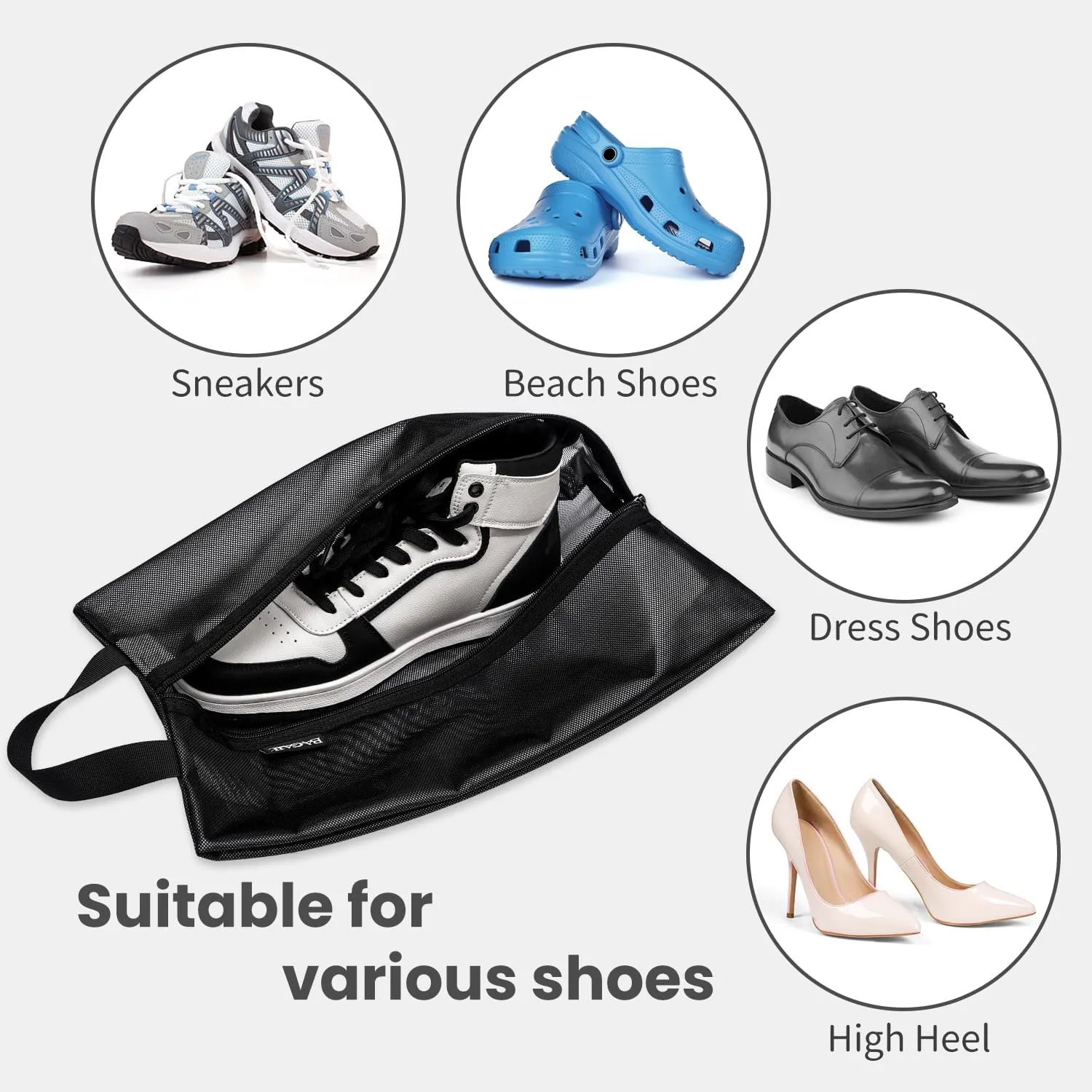 Bagail Shoe Bags for Travel,Set of 2 Shoe Bags for Storage in Closet,Transparent Shoe Packing Organizers with YKK Zipper (M 16"x9"3.6", Classic Black 2pcs)