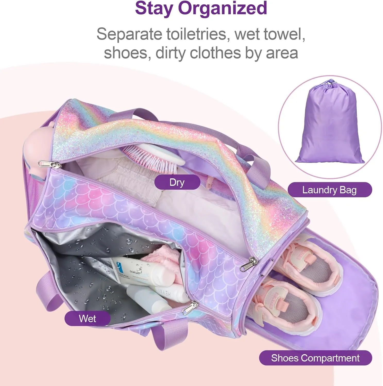 Bagseri Dance Bag for Girls - Ballet Duffle With Shoes Compartment for Kids Above 6yr, Overnight Travel Sleepover Bag With Dry Wet Separation Pockets