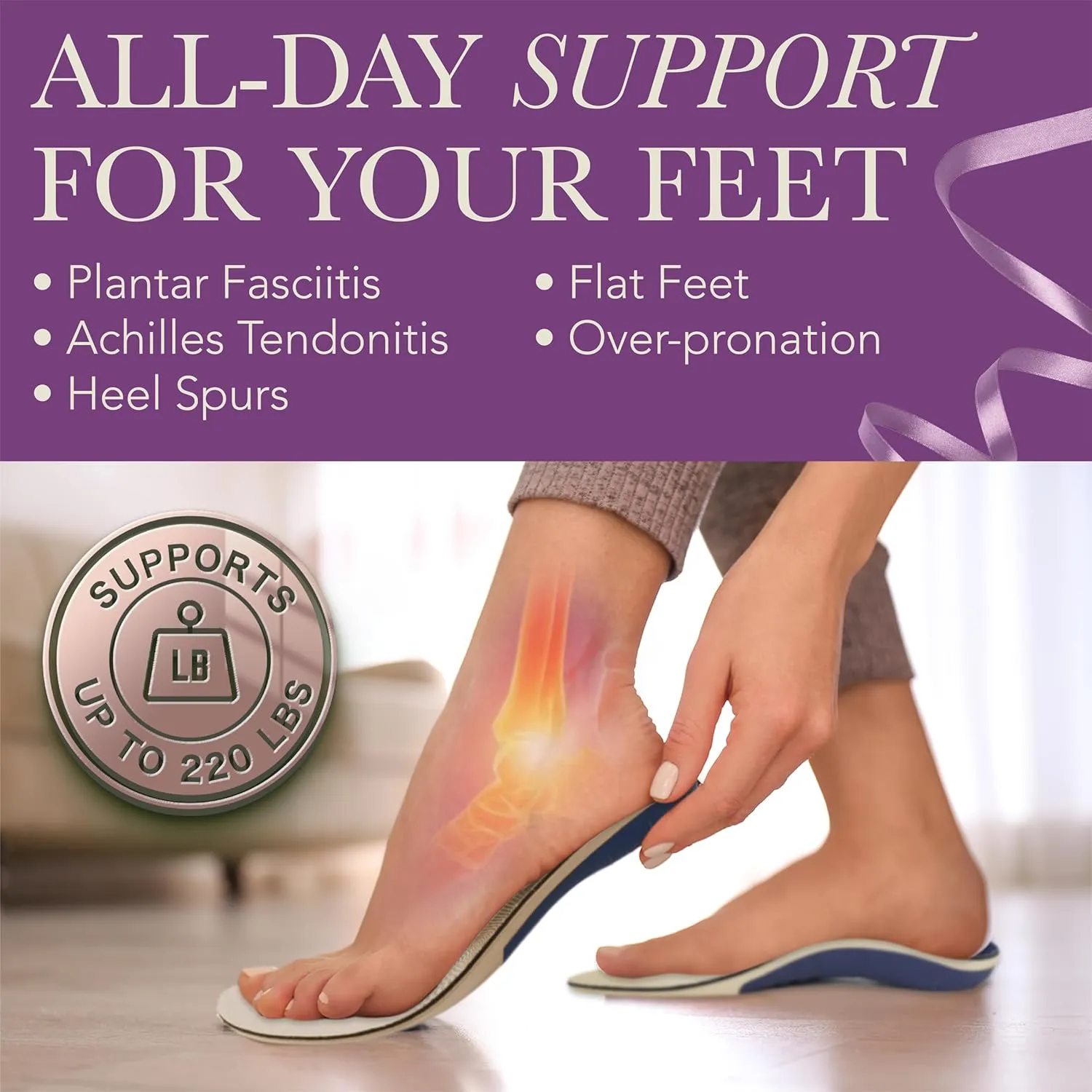 Ballotte Plantar Fasciitis Insoles, 5-Layer Orthotic Insoles for Flat Feet Correction, 220lbs Heavy-Duty Shoe Inserts for Heel Pain Relief, High Arch Support Inserts for Men & Women, 2-Pack Medium