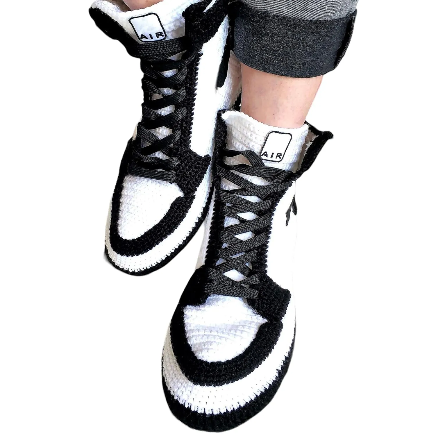 Basketball-Inspired Retro Black White Panda Plush Sneakers Slippers, Custom Crochet Basketball Shoes, Soft Wool Organic Yarn Socks, AJ1 Sneaker, High-top Snug Cozy Kicks Slippers