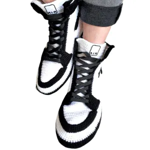 Basketball-Inspired Retro Black White Panda Plush Sneakers Slippers, Custom Crochet Basketball Shoes, Soft Wool Organic Yarn Socks, AJ1 Sneaker, High-top Snug Cozy Kicks Slippers