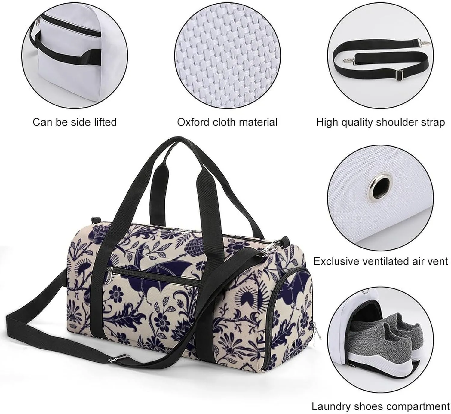 Bat Flower Sport Gym Duffle Travel Bag with Shoe Compartment,Wet Pocket for Men and Women