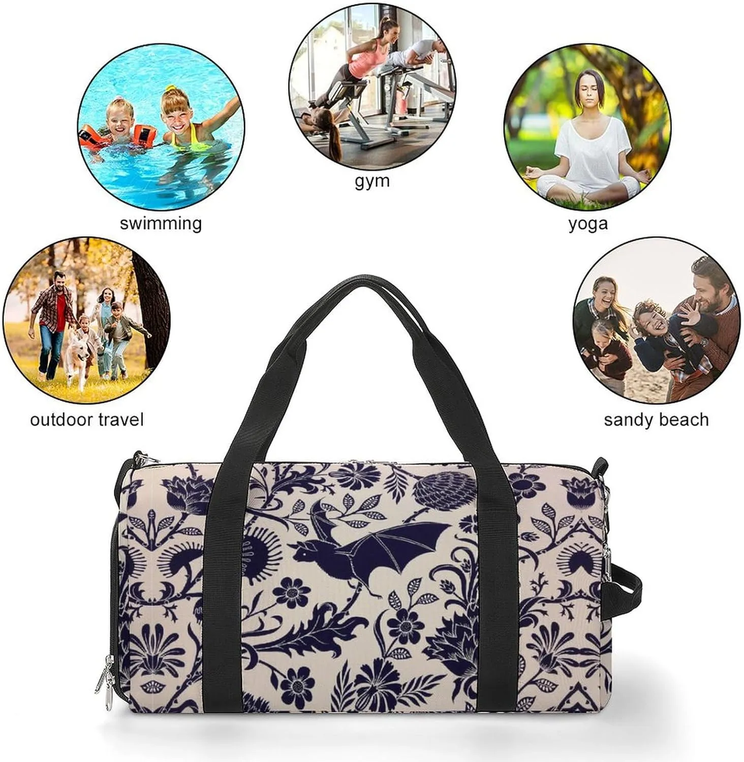 Bat Flower Sport Gym Duffle Travel Bag with Shoe Compartment,Wet Pocket for Men and Women