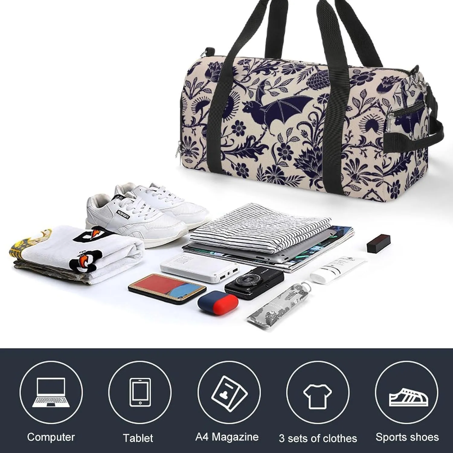 Bat Flower Sport Gym Duffle Travel Bag with Shoe Compartment,Wet Pocket for Men and Women