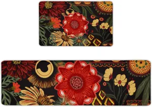 Black Boho Floral Long Kitchen Mats Rugs Sets of 2 Cushioned Anti Fatigue Floor Mat Comfort Kitchen Rugs Farmhouse Style Non Slip Waterproof Mid Century Botanical Standing Mat for Sink Laundry