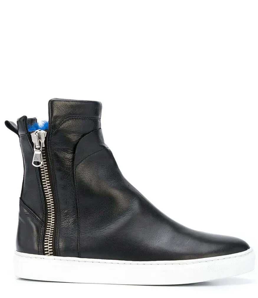 Black Leather Double Zip Shearling Boot