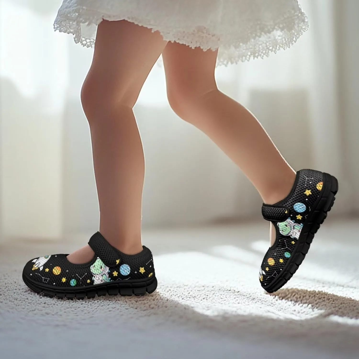 Black Series Print Mary Jane Sneakers for Girls Anti-Slip Planet Mesh Sneaker School Shoes Cozy Dress Shoes for Party,Wedding,Traveling