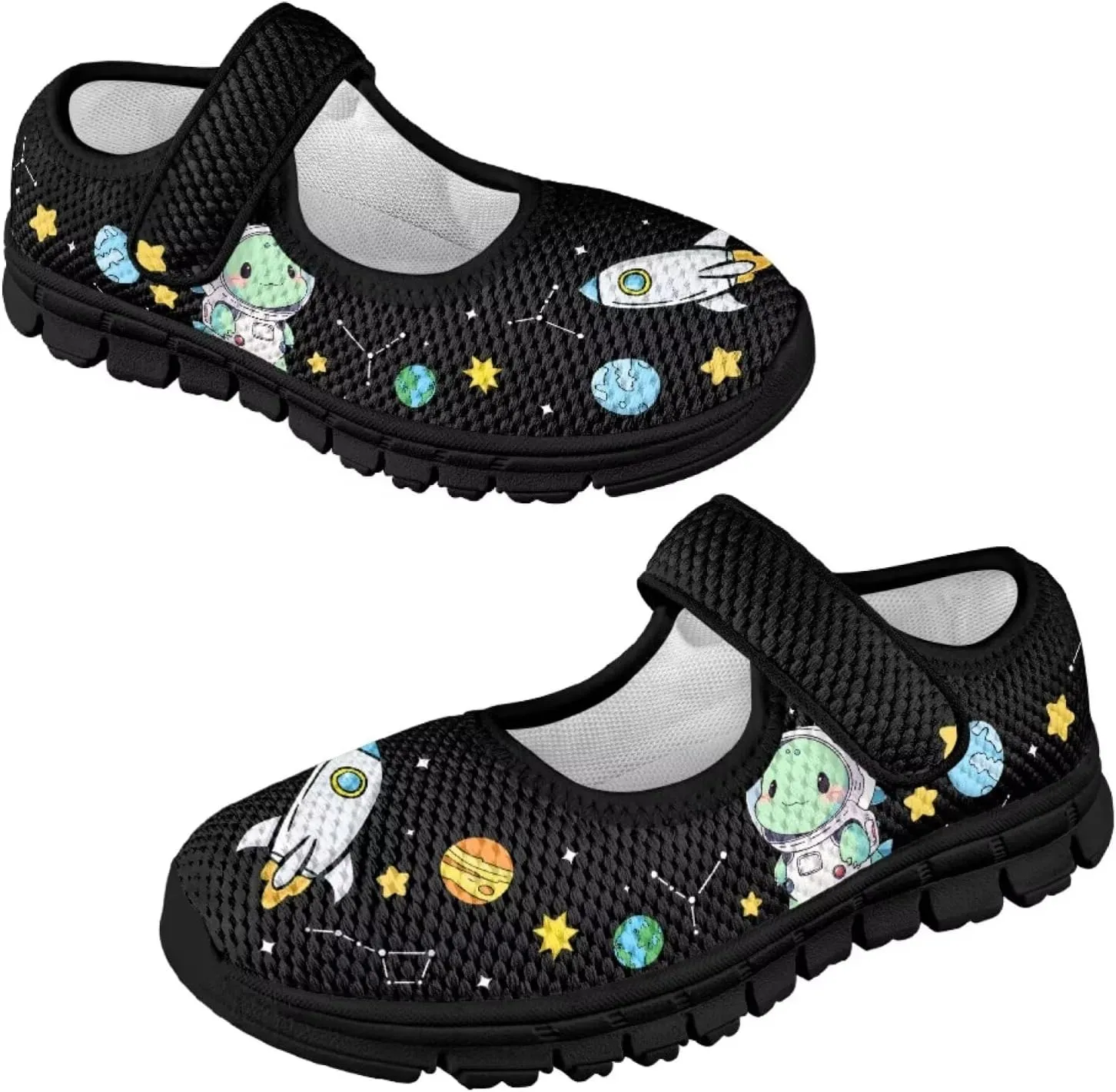 Black Series Print Mary Jane Sneakers for Girls Anti-Slip Planet Mesh Sneaker School Shoes Cozy Dress Shoes for Party,Wedding,Traveling